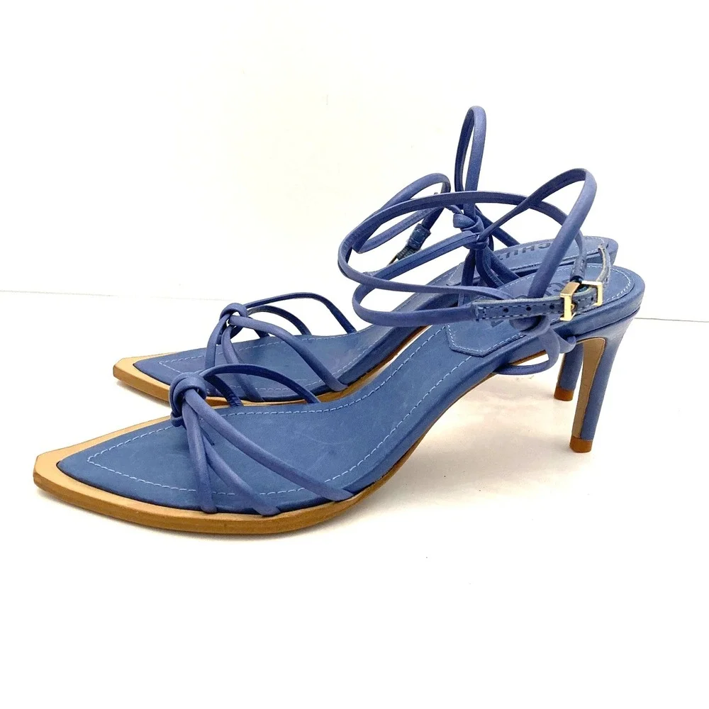Schutz Abby Blue Leather Point Toe Strappy Wrap Around Stiletto Heels Womens 6.5